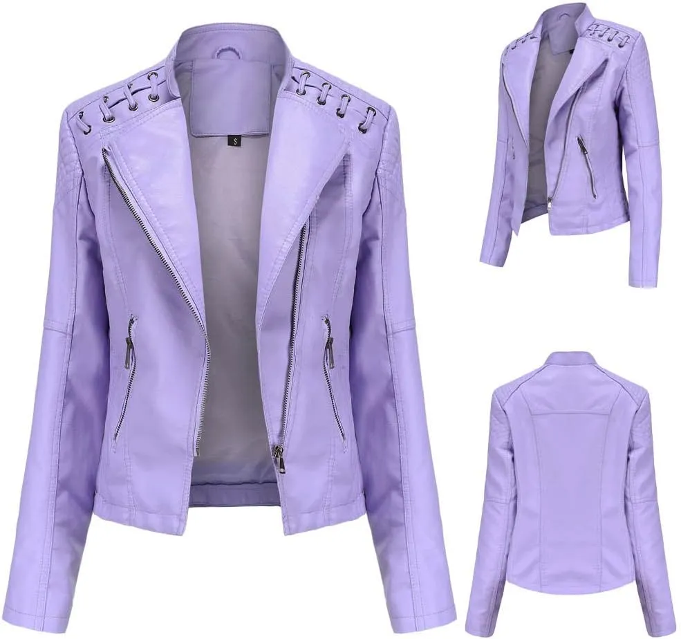 NATHGAM Womens Leather Jacket Long Sleeve Cropped Tops with Zipper Pockets Lightweight Vegan Lapel Biker Jacket Outerwear