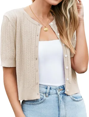 Newshows Womens Cropped Cardigan Sweaters 2025 Summer Lightweight Short Sleeve Bolero Shrug Hollow Out Button Down Tops