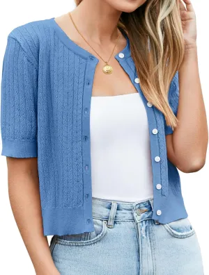 Newshows Womens Cropped Cardigan Sweaters 2025 Summer Lightweight Short Sleeve Bolero Shrug Hollow Out Button Down Tops