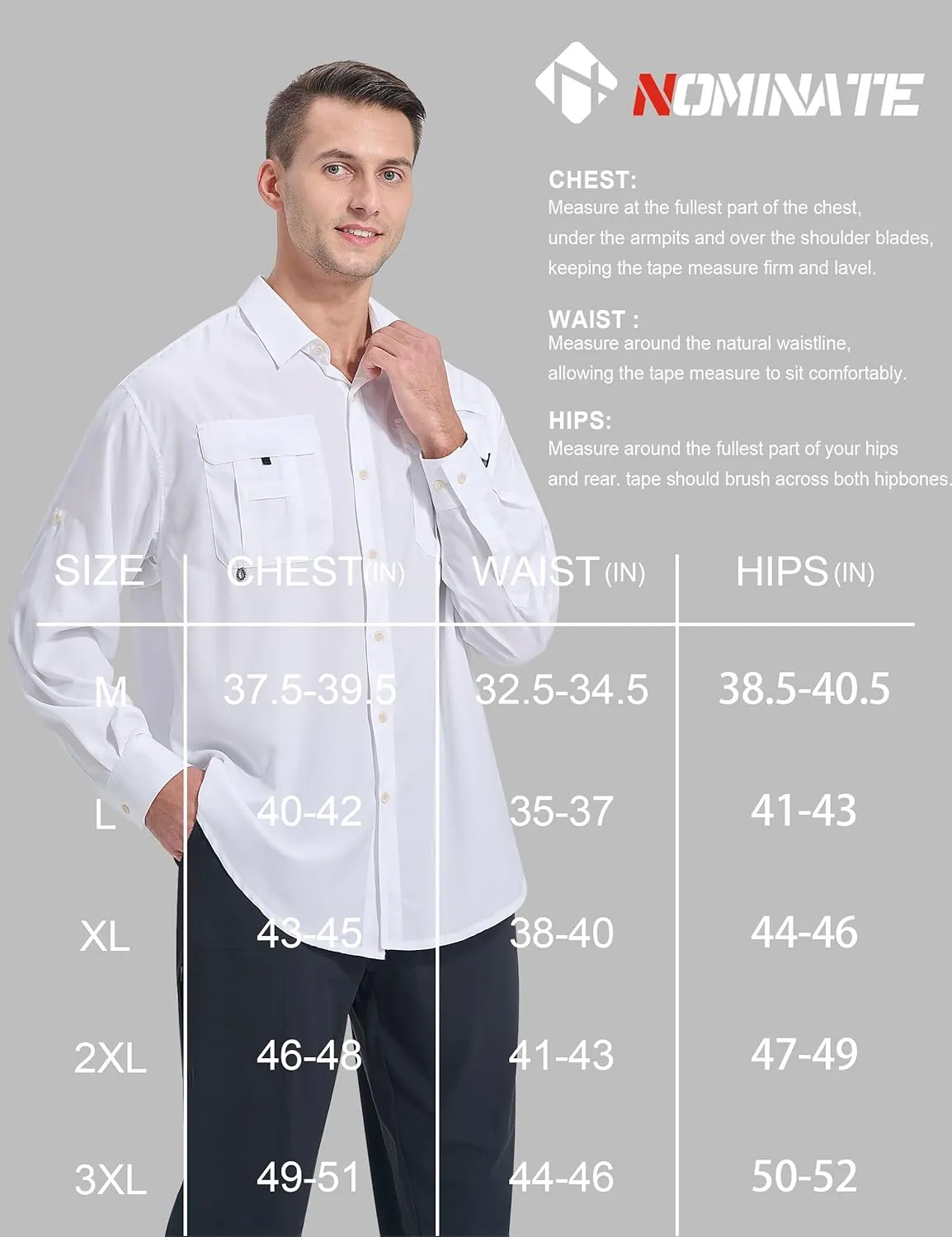 NOMINATE Mens Long Sleeve Fishing Shirts UPF 50  UV Protection Sun Shirts Quick Drying Hiking Lightweight