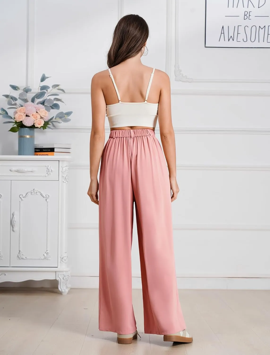 ODIZLI Women Casual Wide Leg Pants Elastic High Waist Dress Pants for Women Straight Trousers Pants
