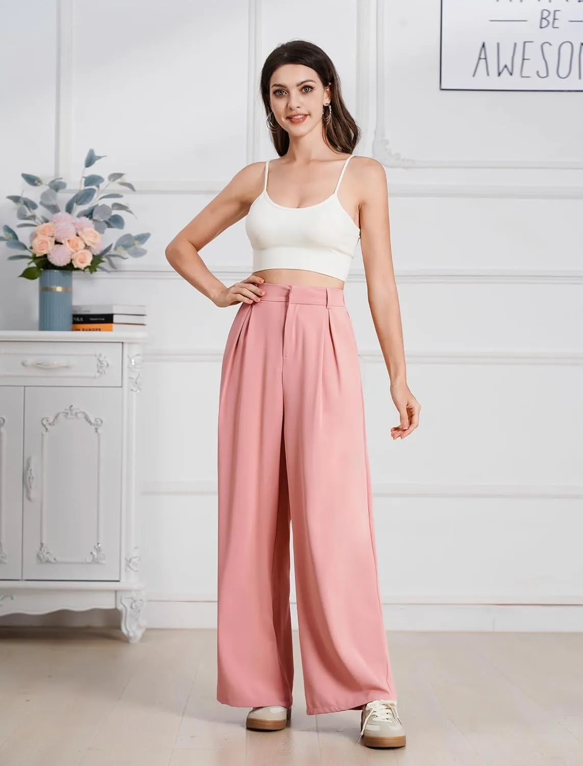 ODIZLI Women Casual Wide Leg Pants Elastic High Waist Dress Pants for Women Straight Trousers Pants