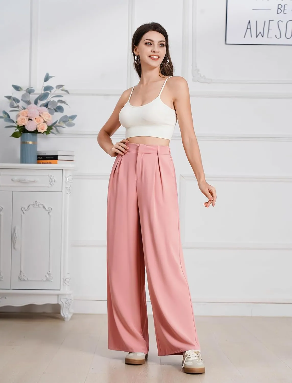 ODIZLI Women Casual Wide Leg Pants Elastic High Waist Dress Pants for Women Straight Trousers Pants