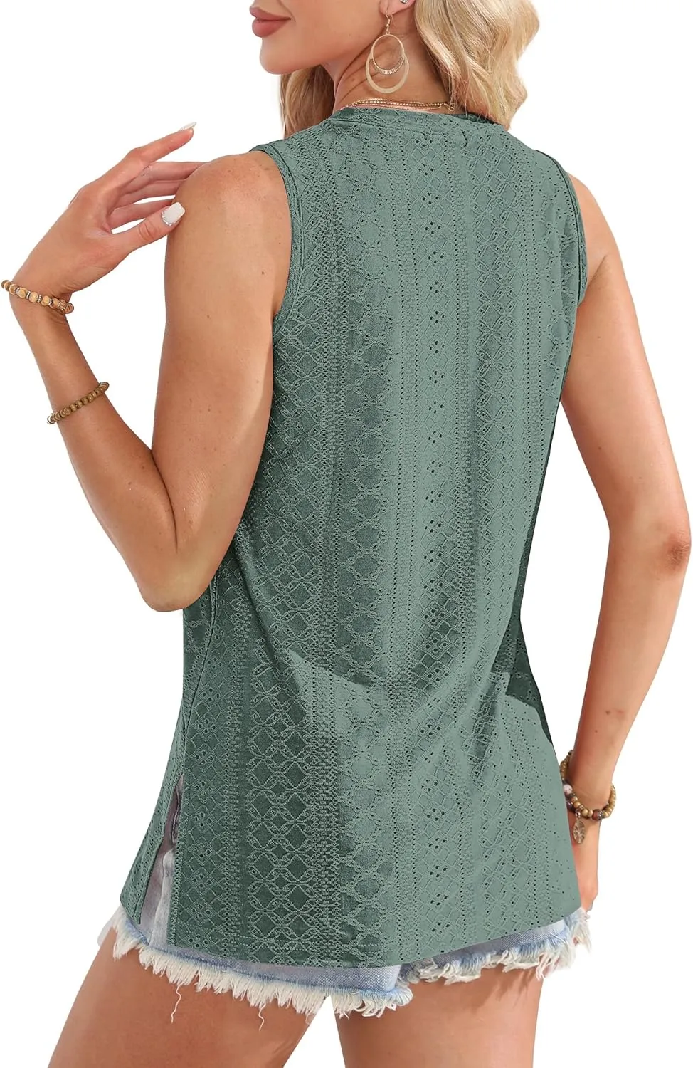 OFEEFAN Womens Tank Tops High Neck Summer Tops Eyelet Sleeveless Shirts Loose Fit 2025