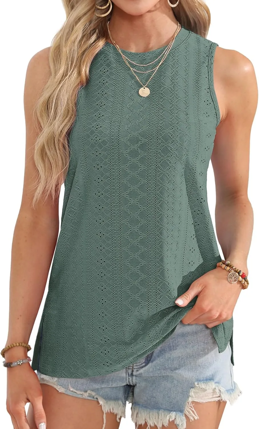 OFEEFAN Womens Tank Tops High Neck Summer Tops Eyelet Sleeveless Shirts Loose Fit 2025