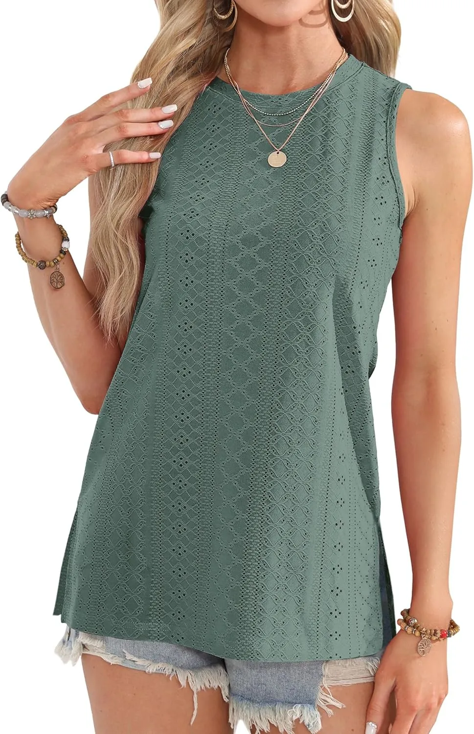 OFEEFAN Womens Tank Tops High Neck Summer Tops Eyelet Sleeveless Shirts Loose Fit 2025