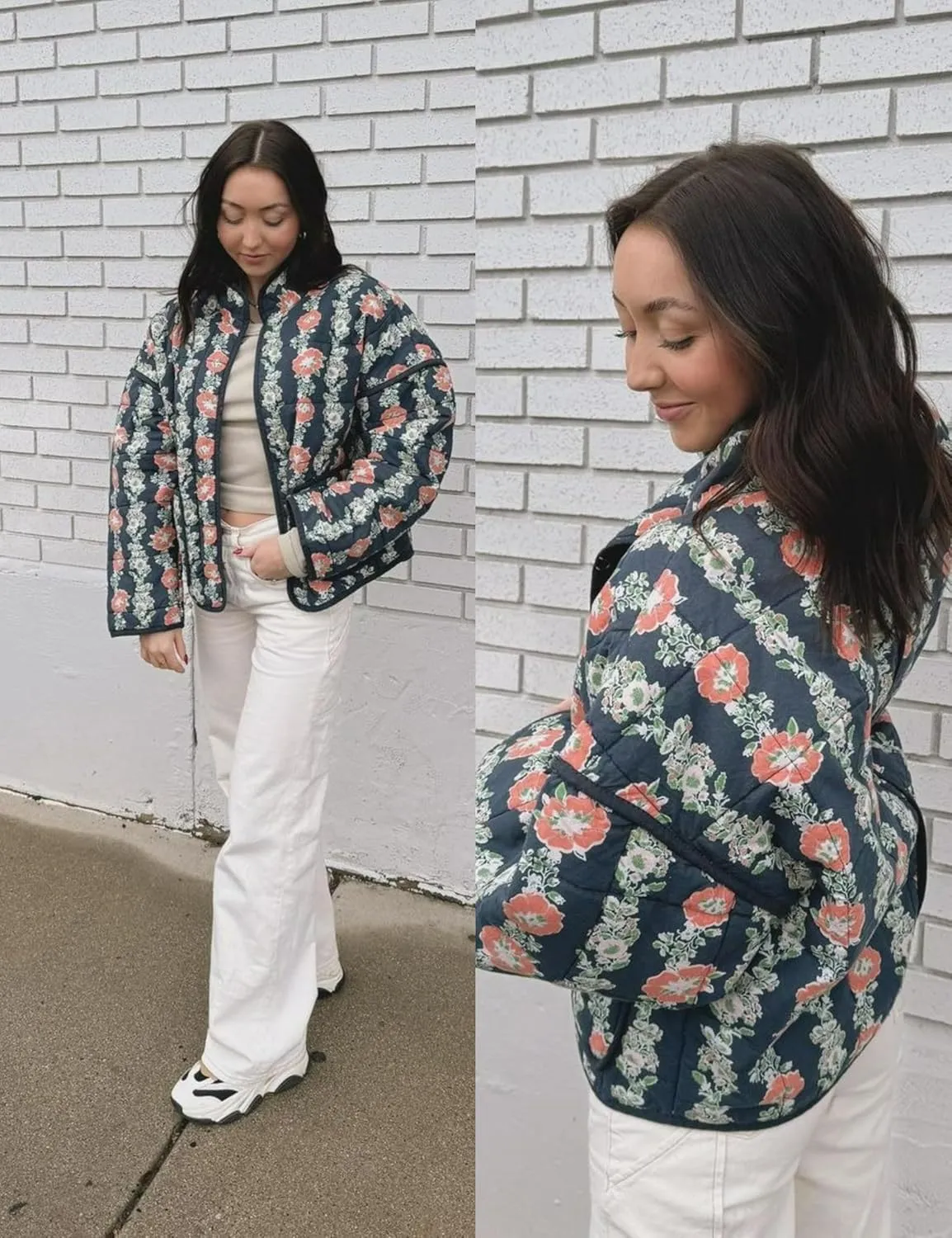 Omoone Women's Cropped Quilted Jacket Floral Printed LightWeight Padded Puffer Cardigan Coat Outwear