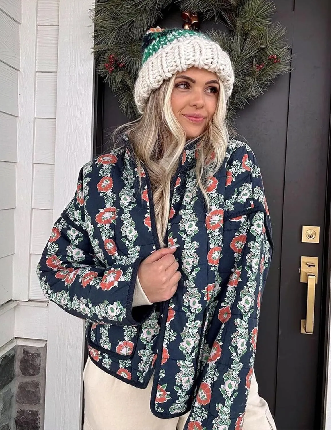 Omoone Women's Cropped Quilted Jacket Floral Printed LightWeight Padded Puffer Cardigan Coat Outwear