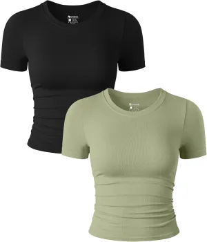 OQQ Womens 2 Piece Shirts Short Sleeve Crew Neck Ruched Stretch Fitted Tee Shirts Crop Tops
