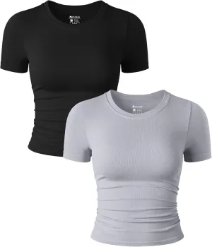 OQQ Womens 2 Piece Shirts Short Sleeve Crew Neck Ruched Stretch Fitted Tee Shirts Crop Tops