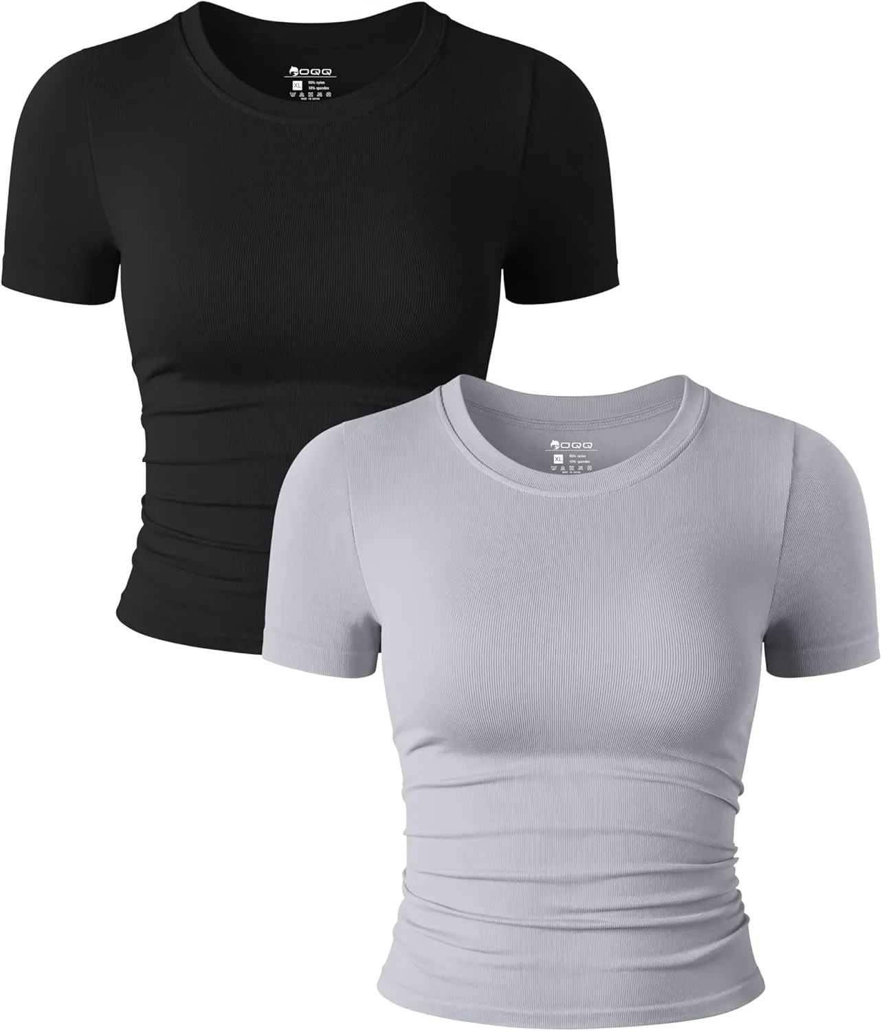 OQQ Womens 2 Piece Shirts Short Sleeve Crew Neck Ruched Stretch Fitted Tee Shirts Crop Tops