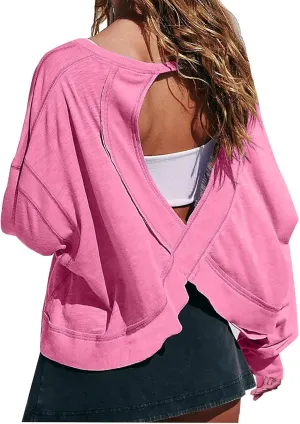 Oversized Sweatshirt for Women Crewneck Long Sleeve Tops Open Back Cross Hem Loose Fall Hoodie Casual Pullover