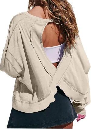 Oversized Sweatshirt for Women Crewneck Long Sleeve Tops Open Back Cross Hem Loose Fall Hoodie Casual Pullover