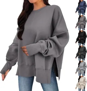 Oversized Sweatshirts for Women Loose Fit Long Sleeve Crew Neck Sweatshirts Casual Split Hem Thumb Hole Pullover