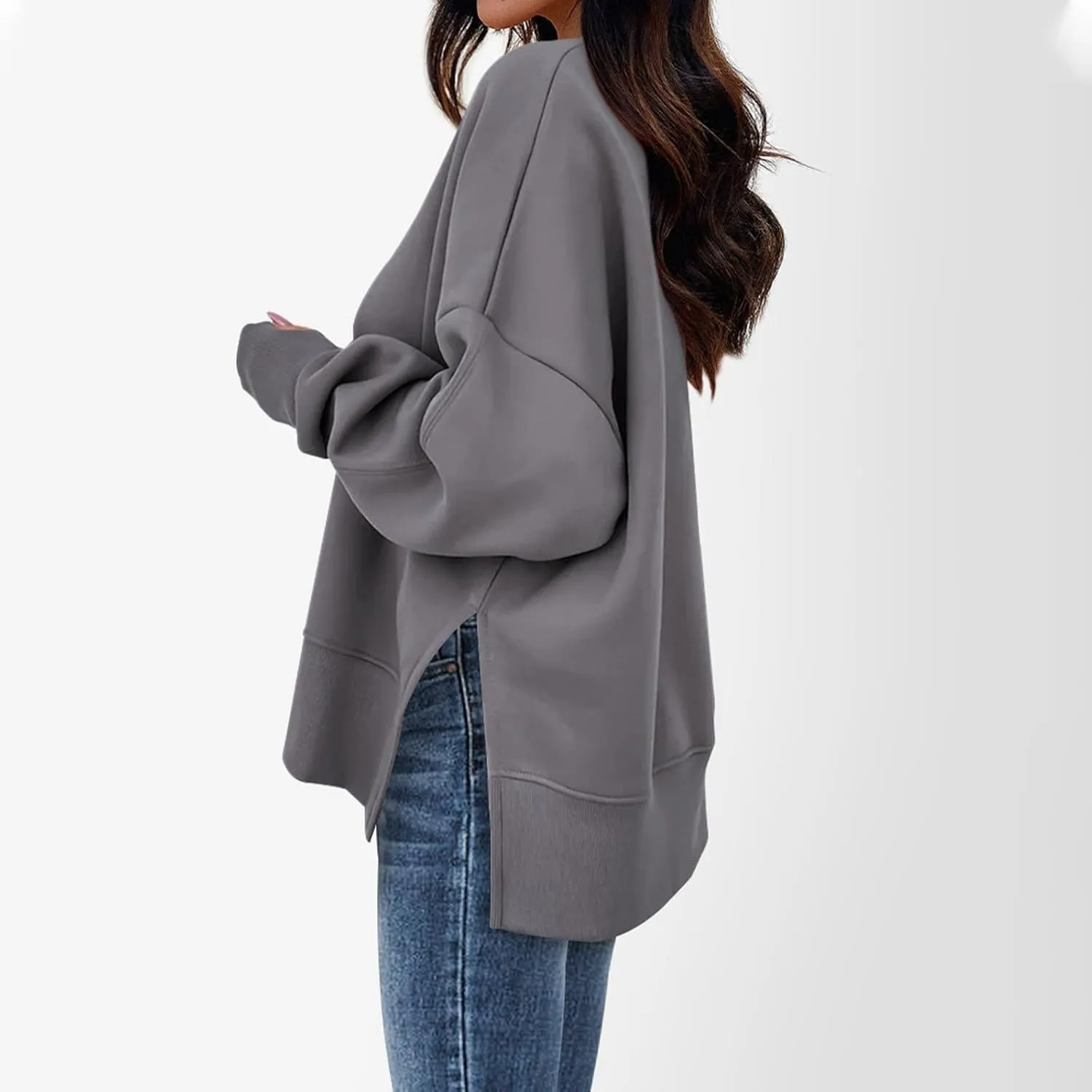Oversized Sweatshirts for Women Loose Fit Long Sleeve Crew Neck Sweatshirts Casual Split Hem Thumb Hole Pullover