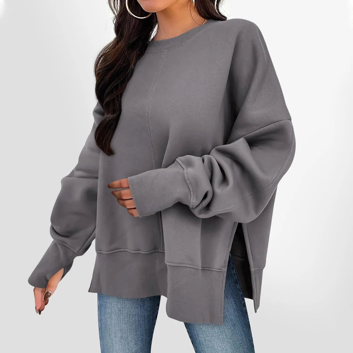 Oversized Sweatshirts for Women Loose Fit Long Sleeve Crew Neck Sweatshirts Casual Split Hem Thumb Hole Pullover