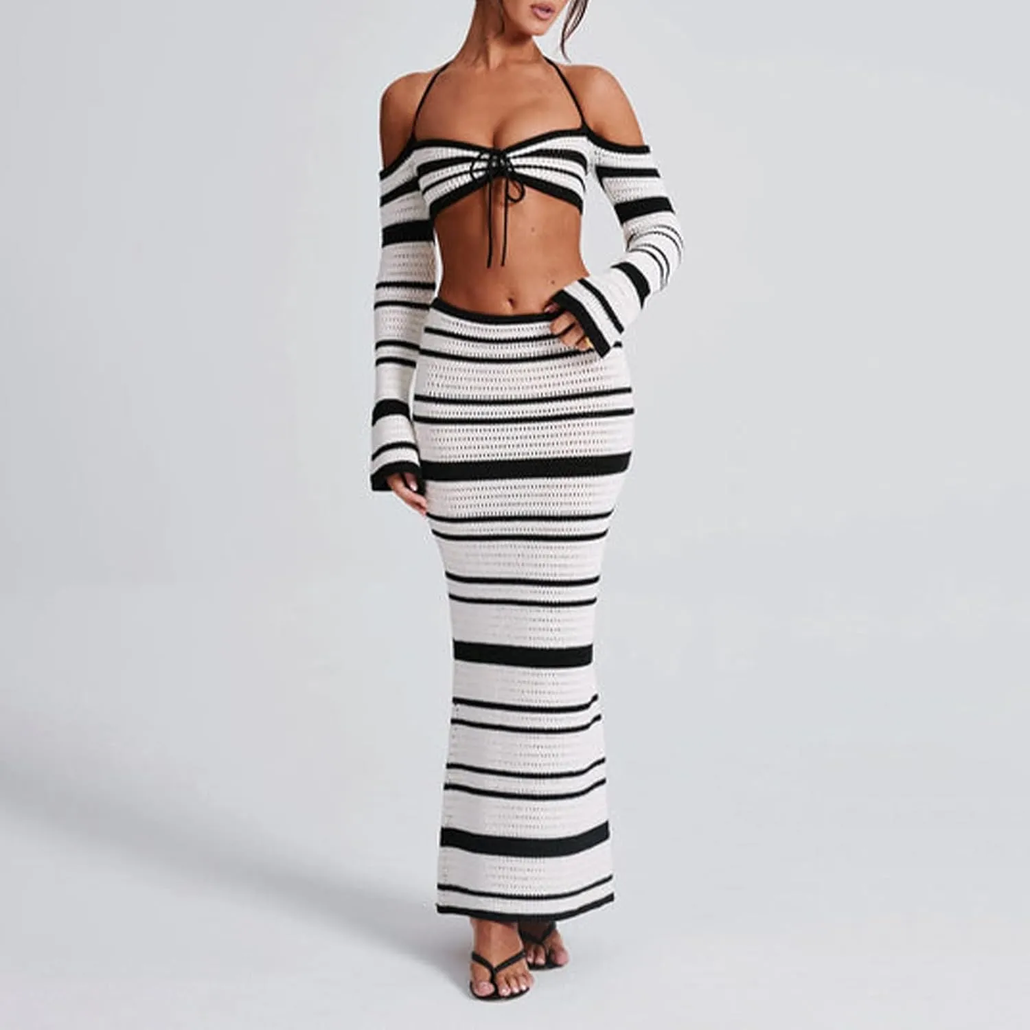 Owl's-Yard Women's Y2k Black White Stripe Knit Skirt Outfits Sexy 2Pcs Stripe Crop Tank Tops High Waist Long Skirt Set