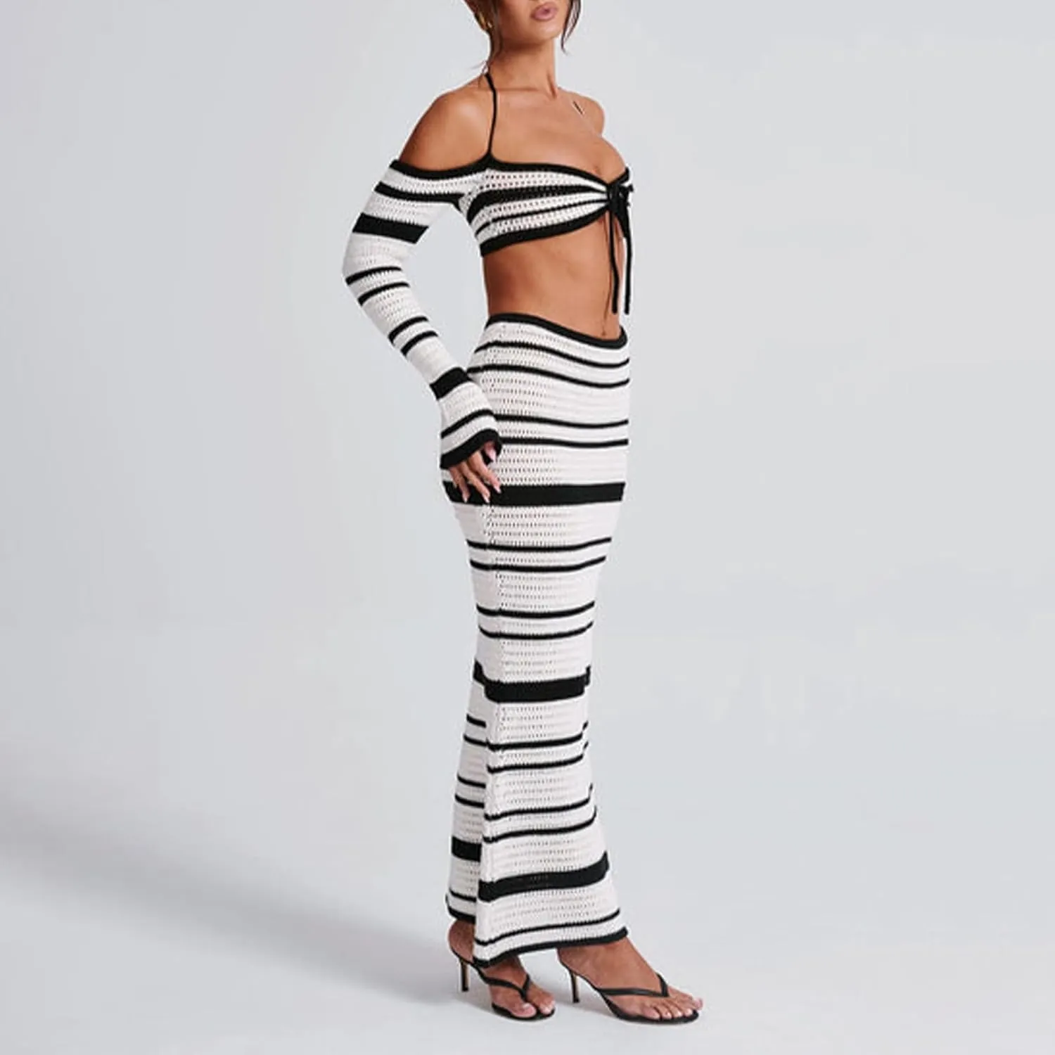 Owl's-Yard Women's Y2k Black White Stripe Knit Skirt Outfits Sexy 2Pcs Stripe Crop Tank Tops High Waist Long Skirt Set