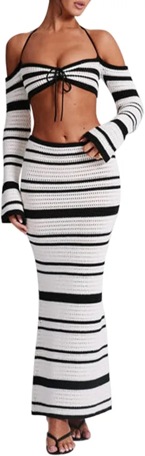 Owl's-Yard Women's Y2k Black White Stripe Knit Skirt Outfits Sexy 2Pcs Stripe Crop Tank Tops High Waist Long Skirt Set