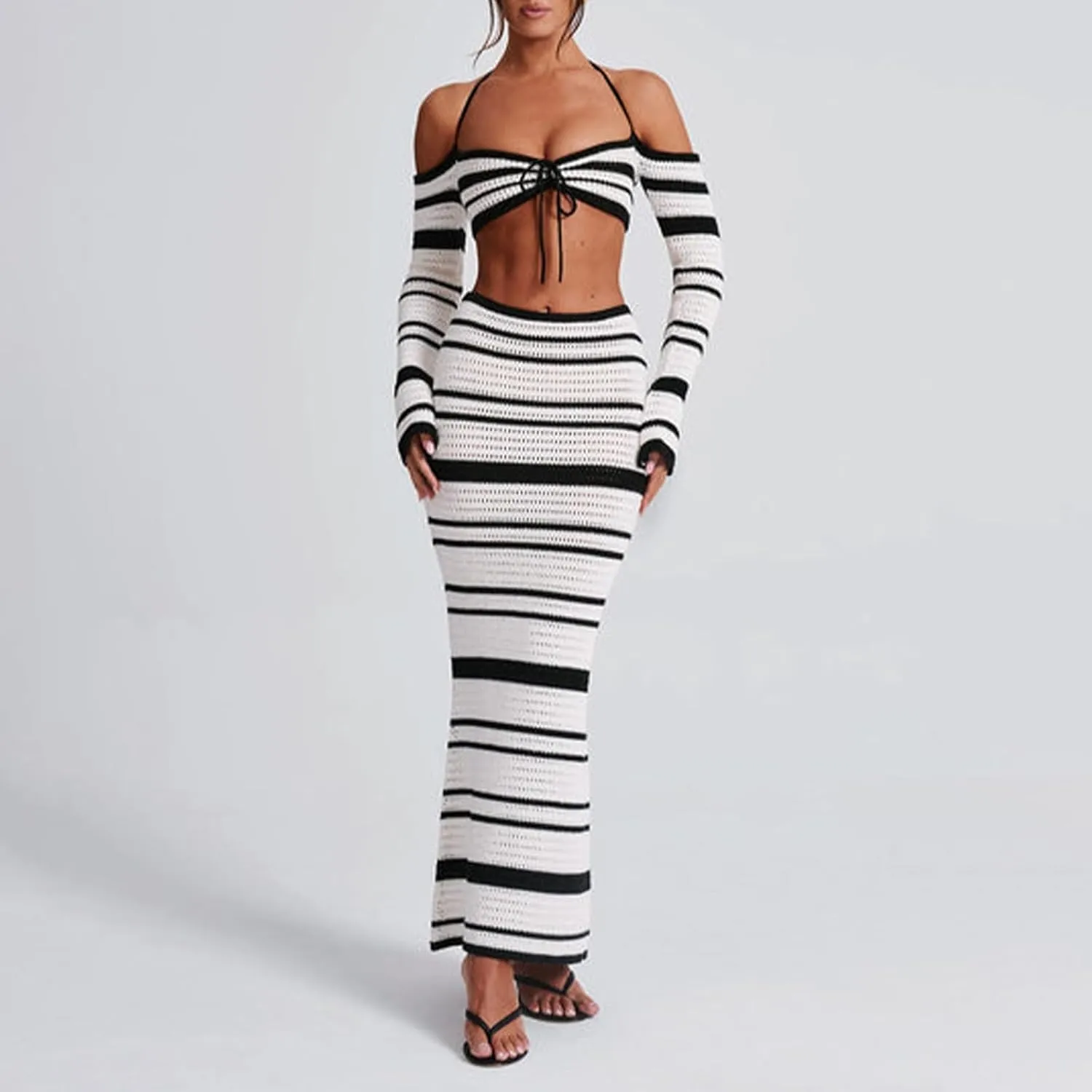 Owl's-Yard Women's Y2k Black White Stripe Knit Skirt Outfits Sexy 2Pcs Stripe Crop Tank Tops High Waist Long Skirt Set