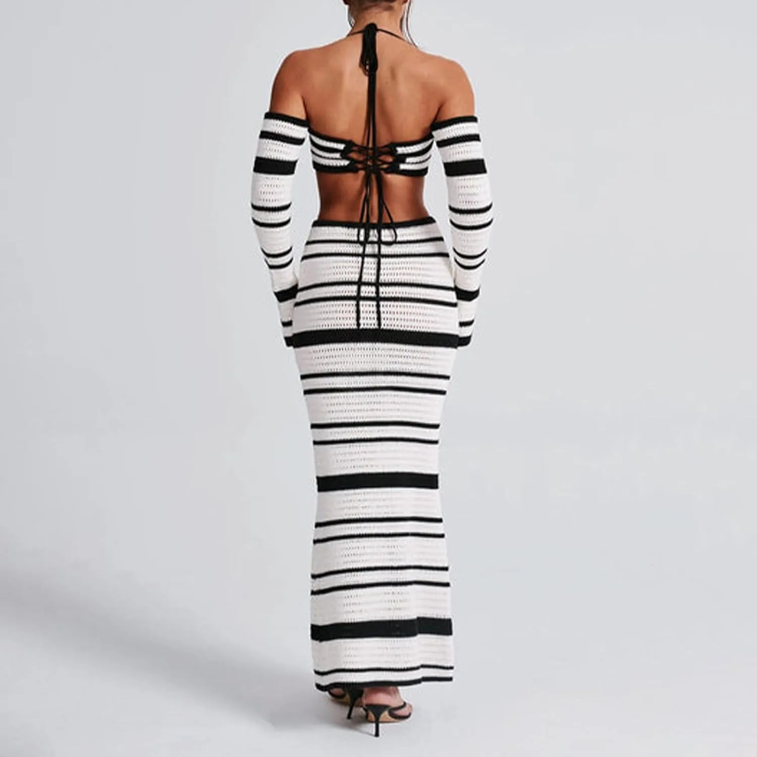 Owl's-Yard Women's Y2k Black White Stripe Knit Skirt Outfits Sexy 2Pcs Stripe Crop Tank Tops High Waist Long Skirt Set