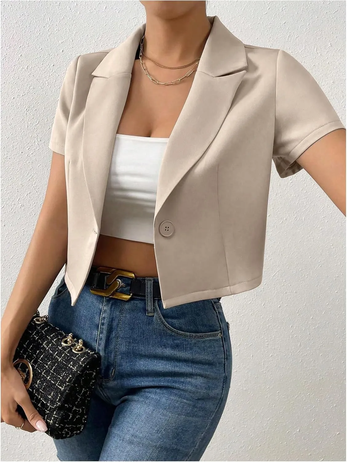 OYOANGLE Women's Button Down Lapel Neck Crop Jackets Short Sleeve Business Blazers