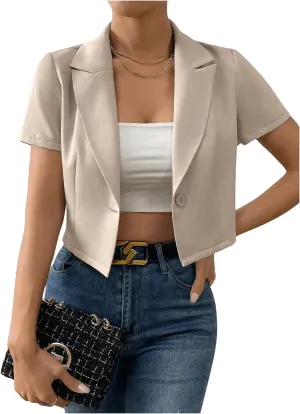 OYOANGLE Women's Button Down Lapel Neck Crop Jackets Short Sleeve Business Blazers