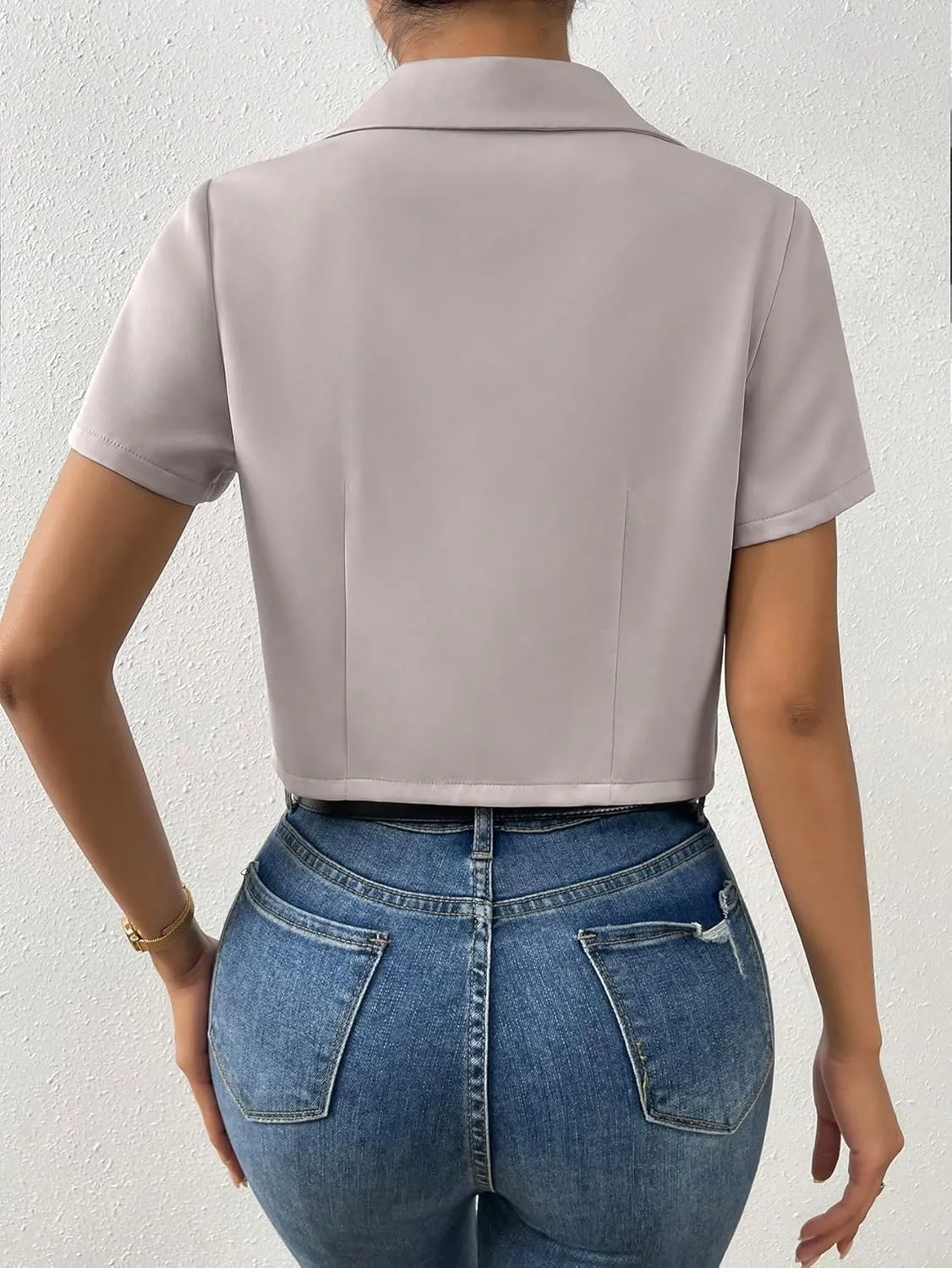 OYOANGLE Women's Button Down Lapel Neck Crop Jackets Short Sleeve Business Blazers