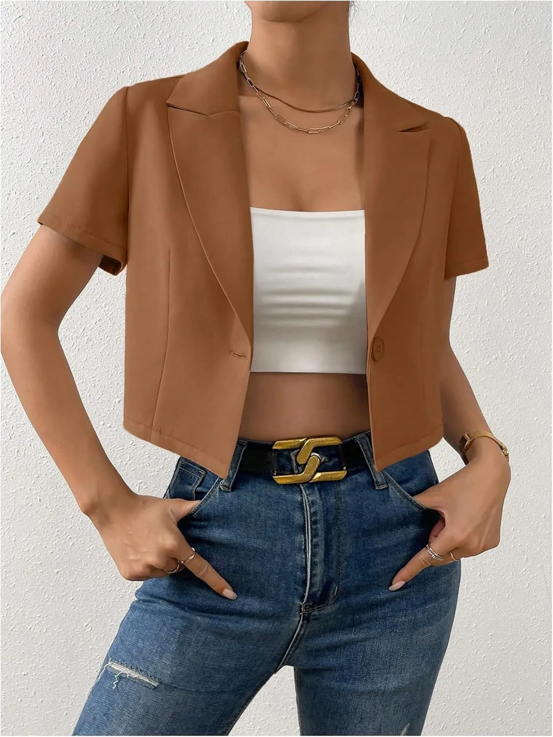 OYOANGLE Women's Button Down Lapel Neck Crop Jackets Short Sleeve Business Blazers