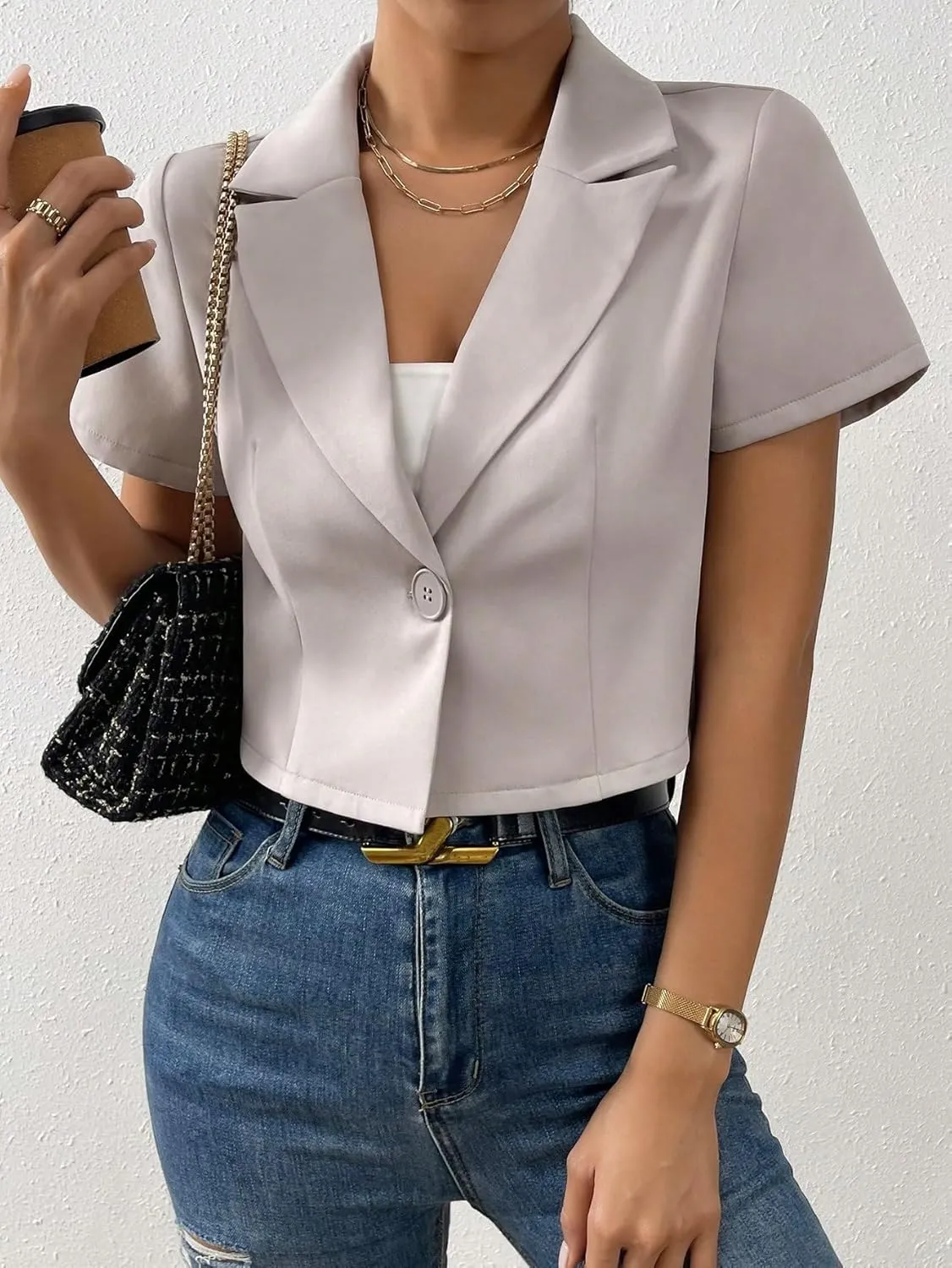 OYOANGLE Women's Button Down Lapel Neck Crop Jackets Short Sleeve Business Blazers