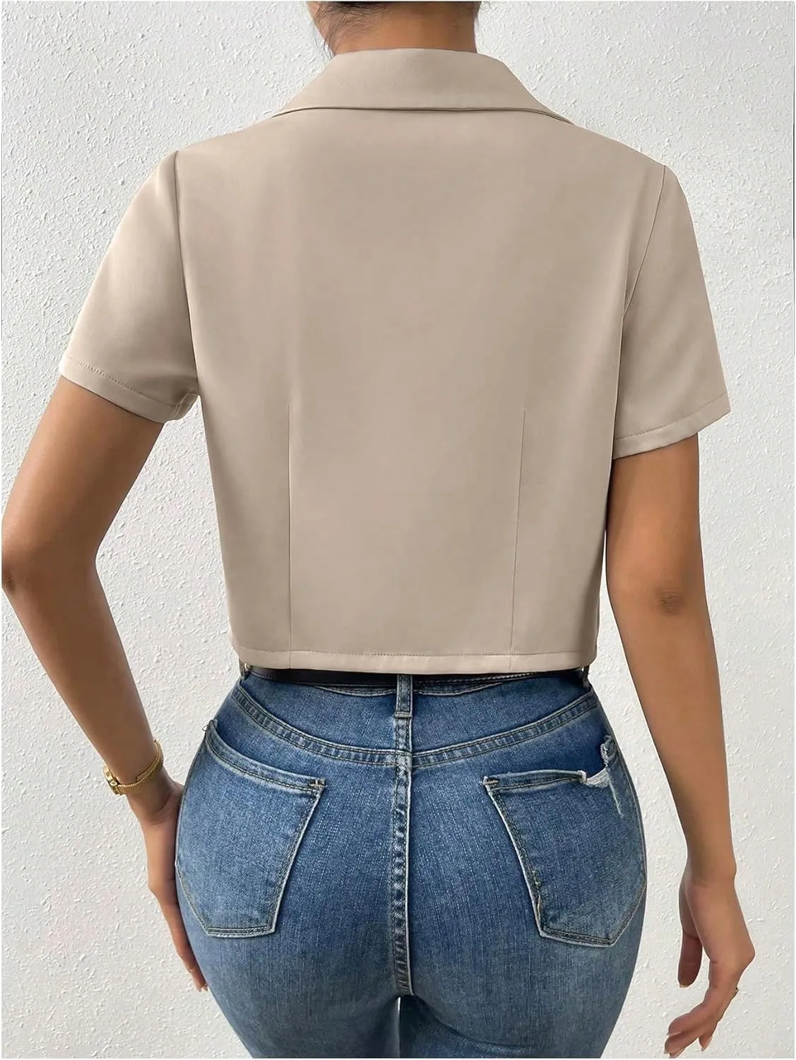 OYOANGLE Women's Button Down Lapel Neck Crop Jackets Short Sleeve Business Blazers
