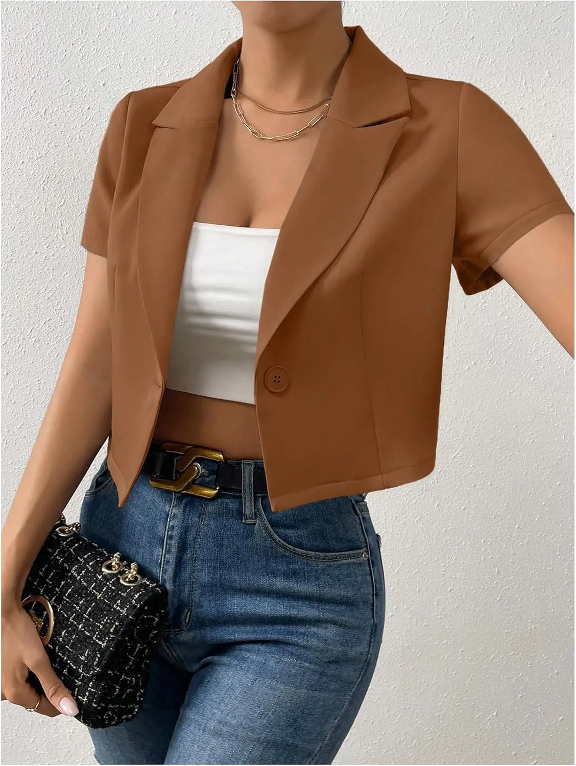OYOANGLE Women's Button Down Lapel Neck Crop Jackets Short Sleeve Business Blazers
