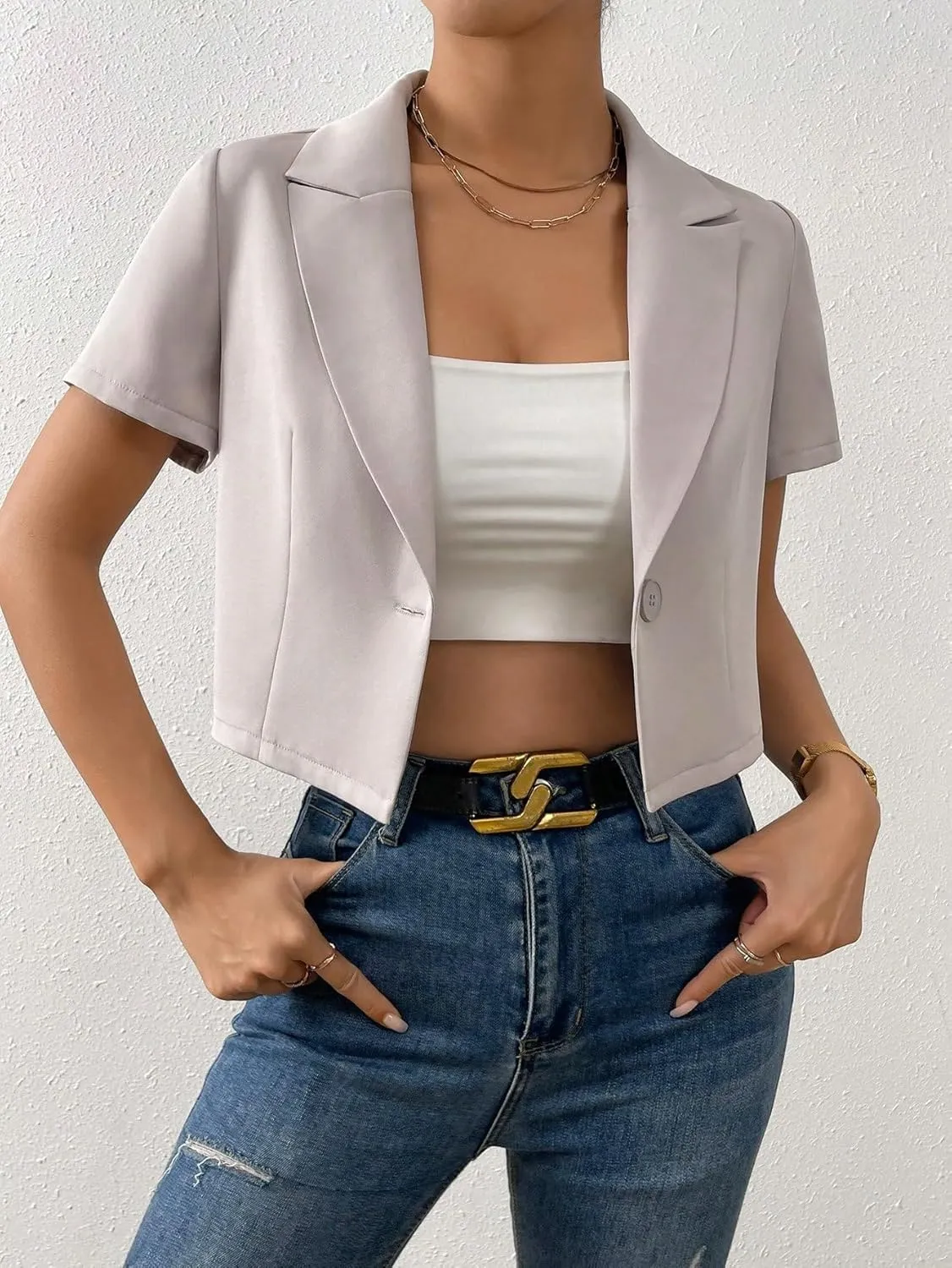 OYOANGLE Women's Button Down Lapel Neck Crop Jackets Short Sleeve Business Blazers