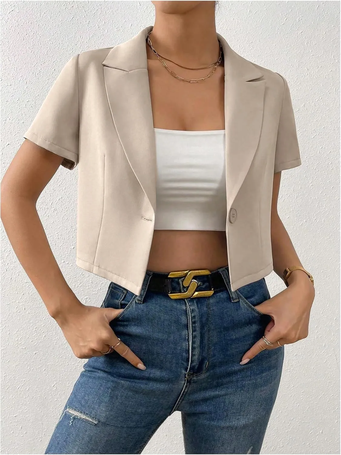 OYOANGLE Women's Button Down Lapel Neck Crop Jackets Short Sleeve Business Blazers