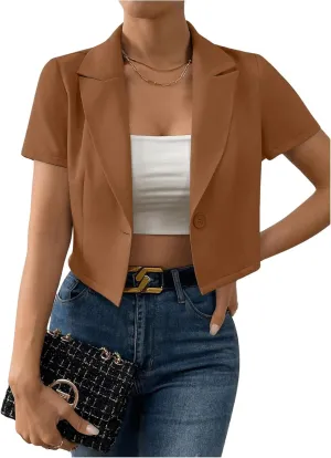 OYOANGLE Women's Button Down Lapel Neck Crop Jackets Short Sleeve Business Blazers