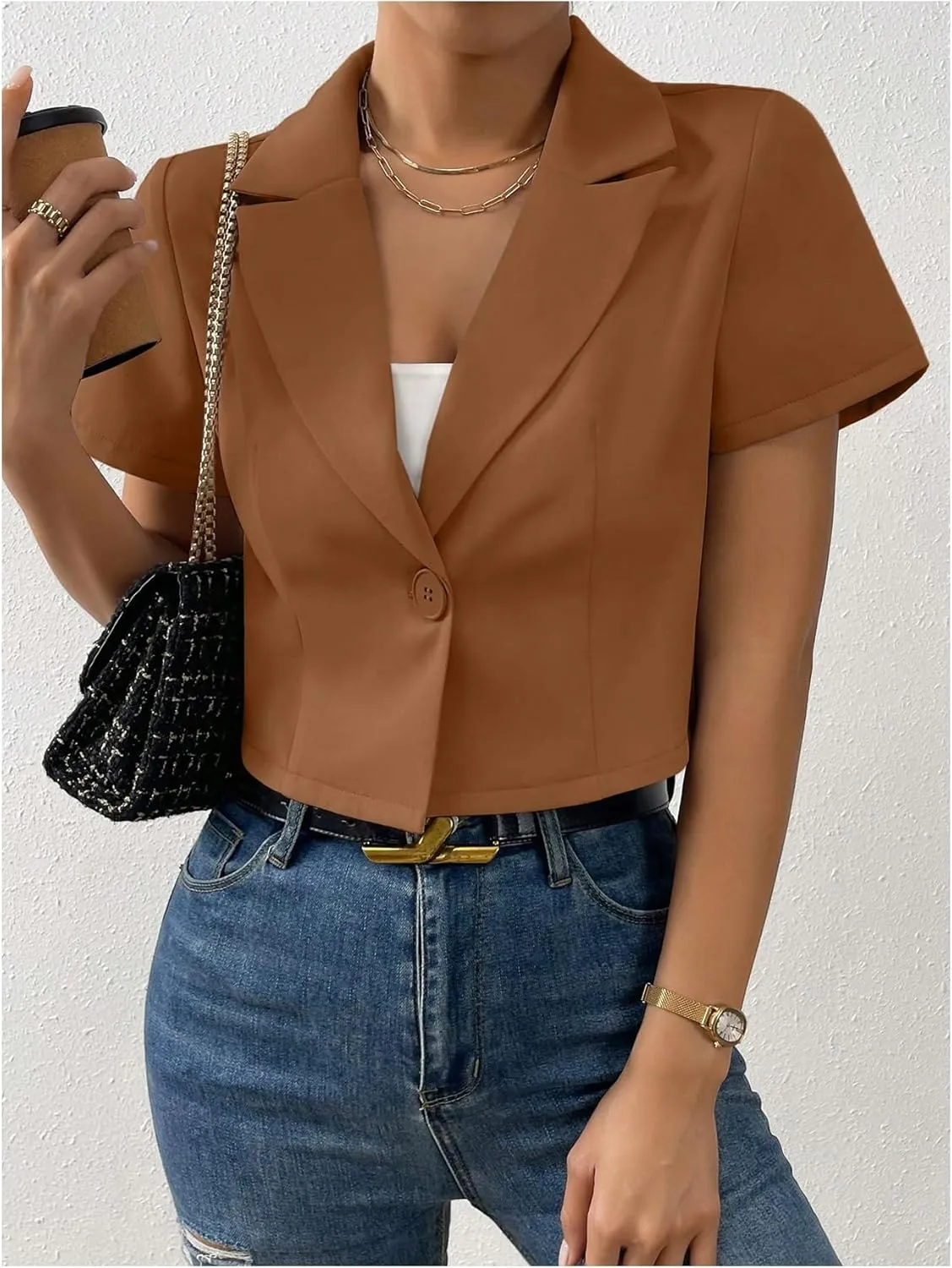 OYOANGLE Women's Button Down Lapel Neck Crop Jackets Short Sleeve Business Blazers