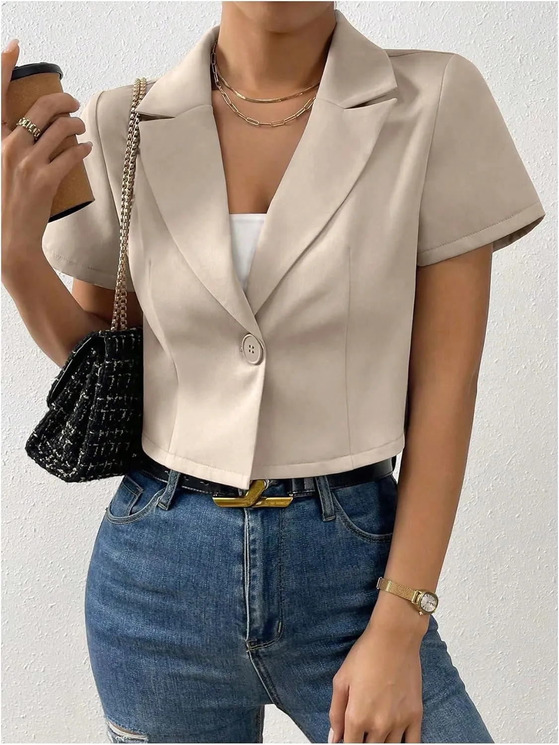 OYOANGLE Women's Button Down Lapel Neck Crop Jackets Short Sleeve Business Blazers