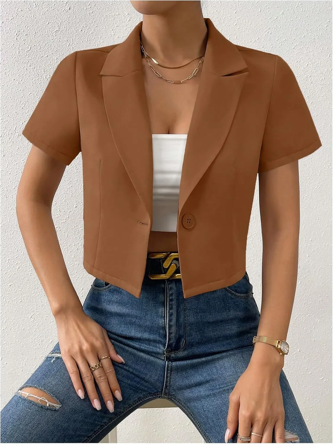 OYOANGLE Women's Button Down Lapel Neck Crop Jackets Short Sleeve Business Blazers