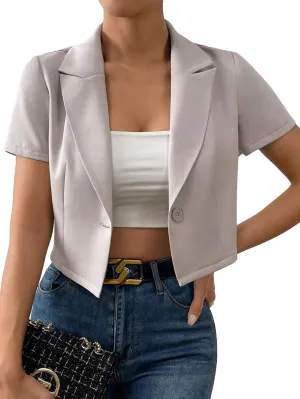 OYOANGLE Women's Button Down Lapel Neck Crop Jackets Short Sleeve Business Blazers