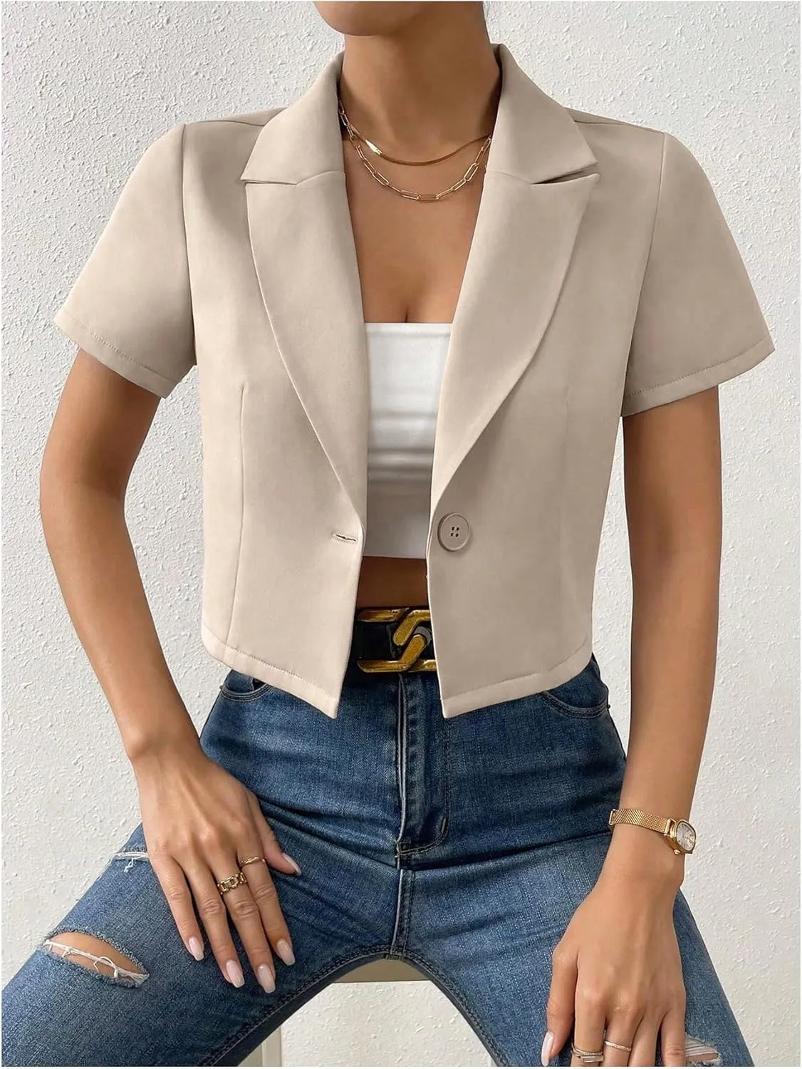 OYOANGLE Women's Button Down Lapel Neck Crop Jackets Short Sleeve Business Blazers