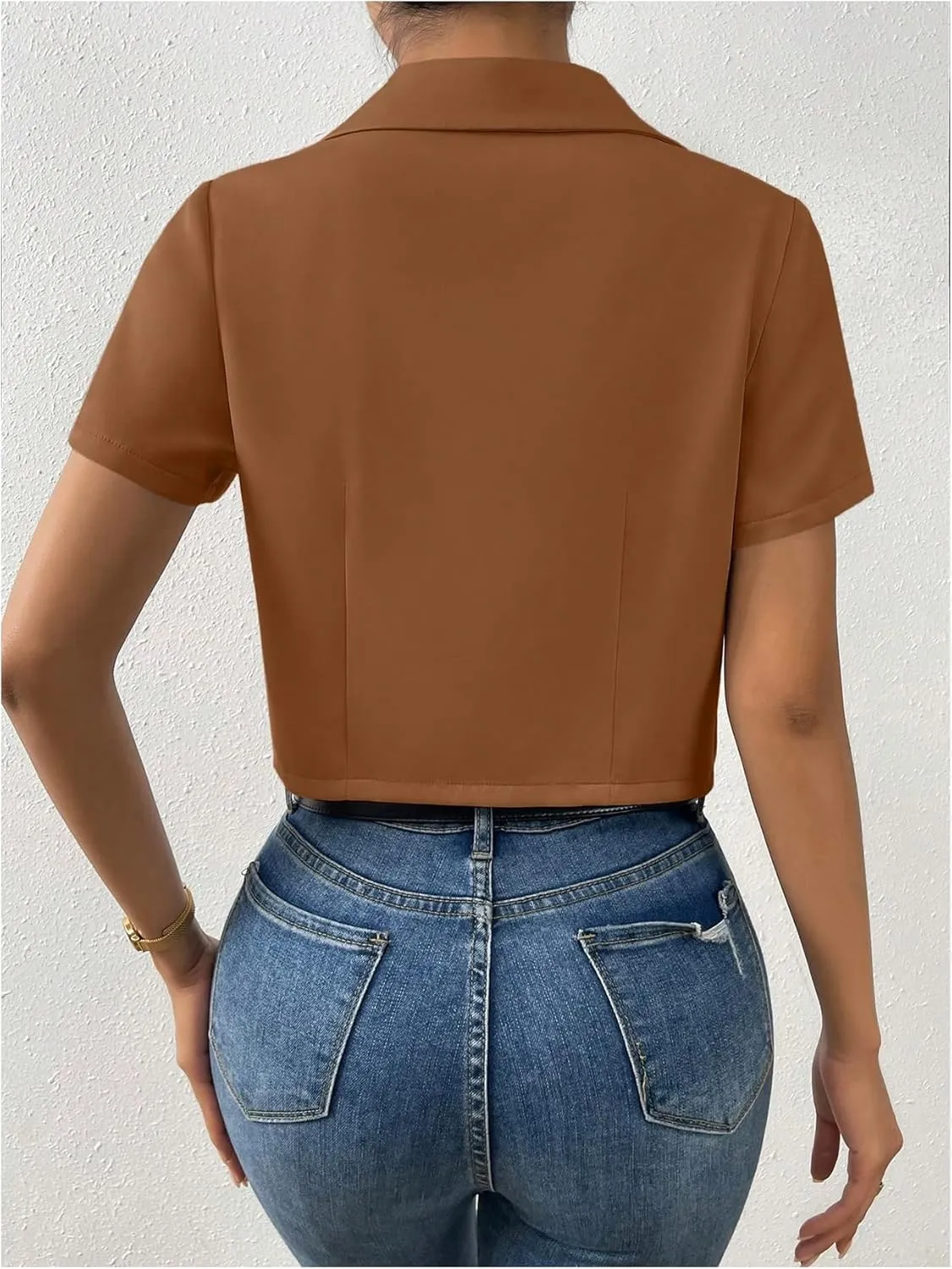 OYOANGLE Women's Button Down Lapel Neck Crop Jackets Short Sleeve Business Blazers