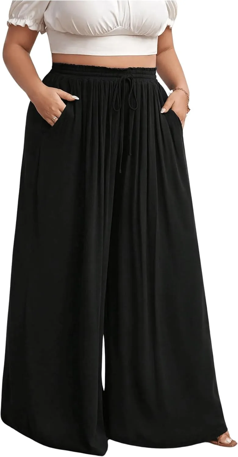 OYOANGLE Women's Plus Size Wide Leg Pants Drawstring High Waist Palazzo Pants Flowy Long Trousers