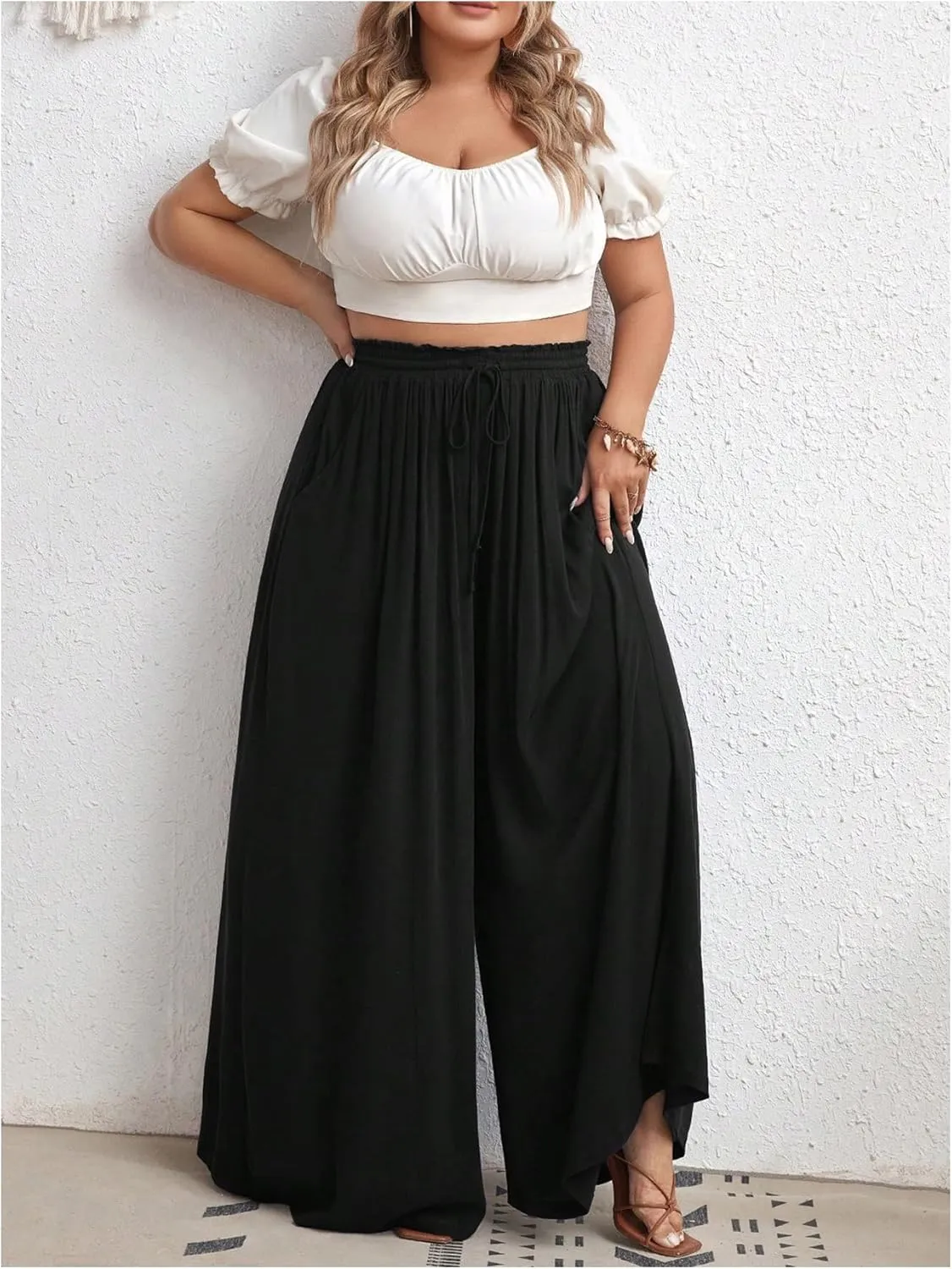 OYOANGLE Women's Plus Size Wide Leg Pants Drawstring High Waist Palazzo Pants Flowy Long Trousers