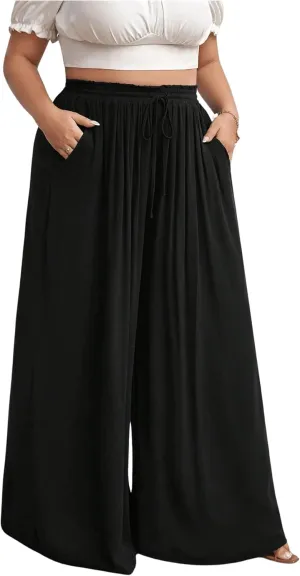 OYOANGLE Women's Plus Size Wide Leg Pants Drawstring High Waist Palazzo Pants Flowy Long Trousers
