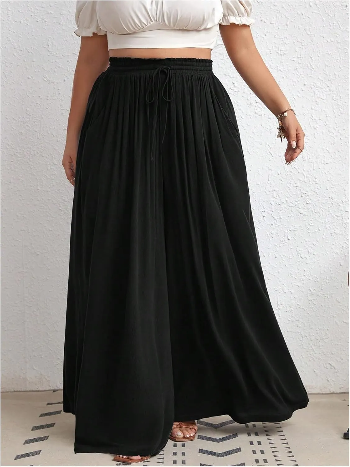 OYOANGLE Women's Plus Size Wide Leg Pants Drawstring High Waist Palazzo Pants Flowy Long Trousers