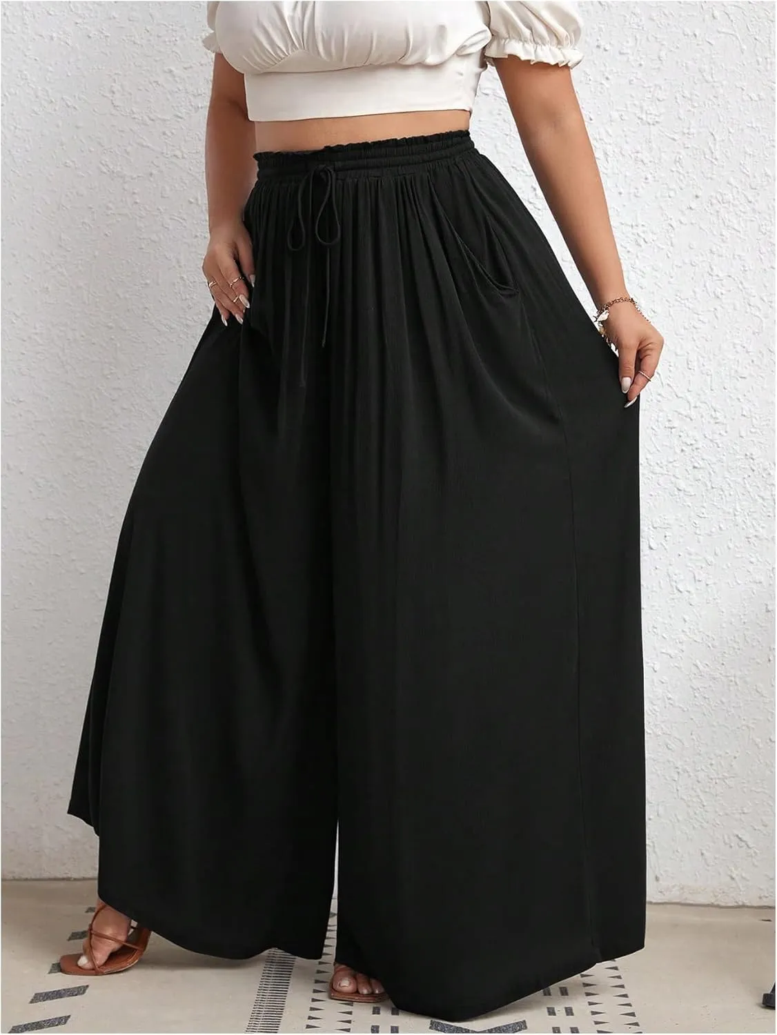 OYOANGLE Women's Plus Size Wide Leg Pants Drawstring High Waist Palazzo Pants Flowy Long Trousers