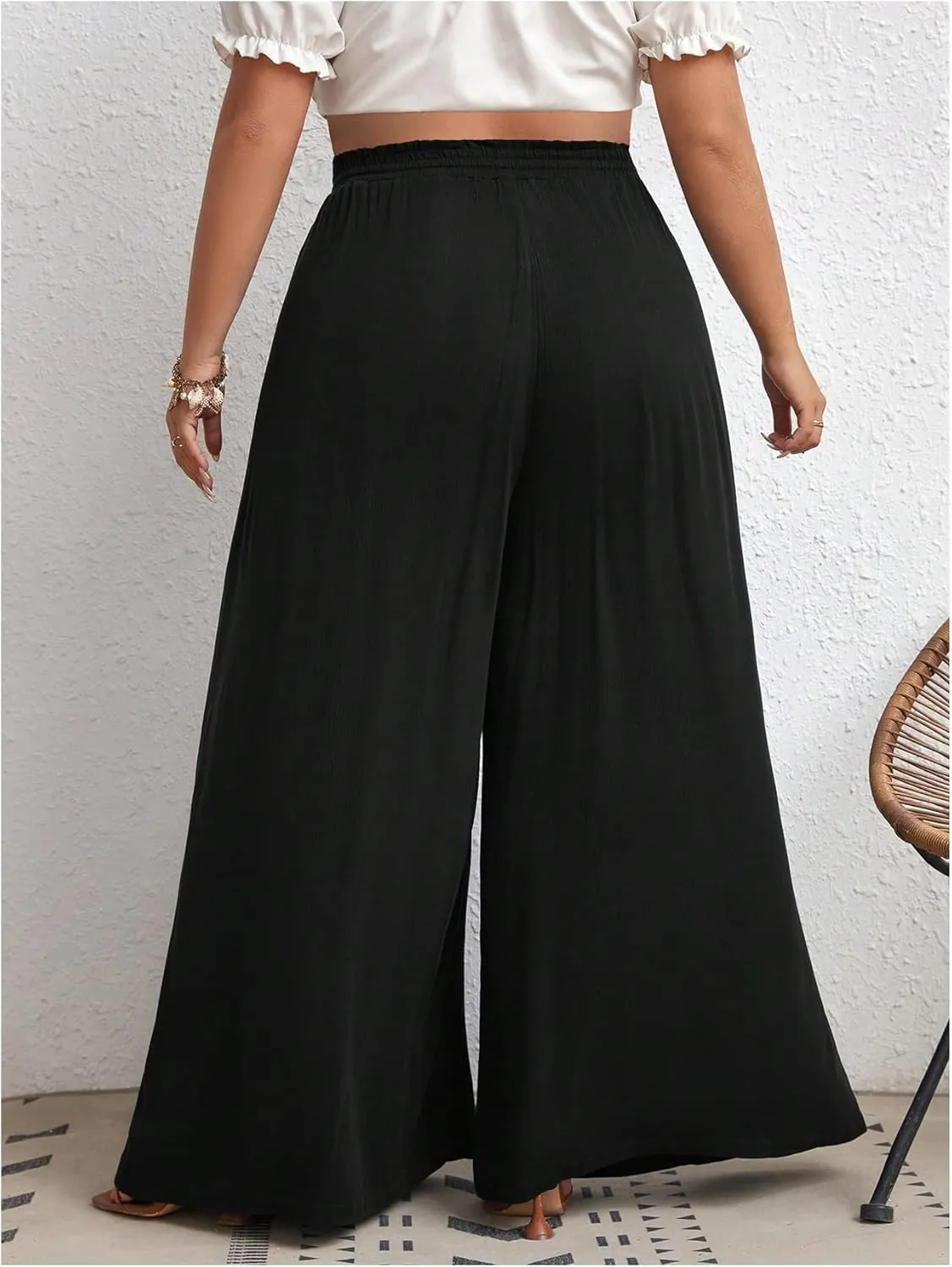 OYOANGLE Women's Plus Size Wide Leg Pants Drawstring High Waist Palazzo Pants Flowy Long Trousers