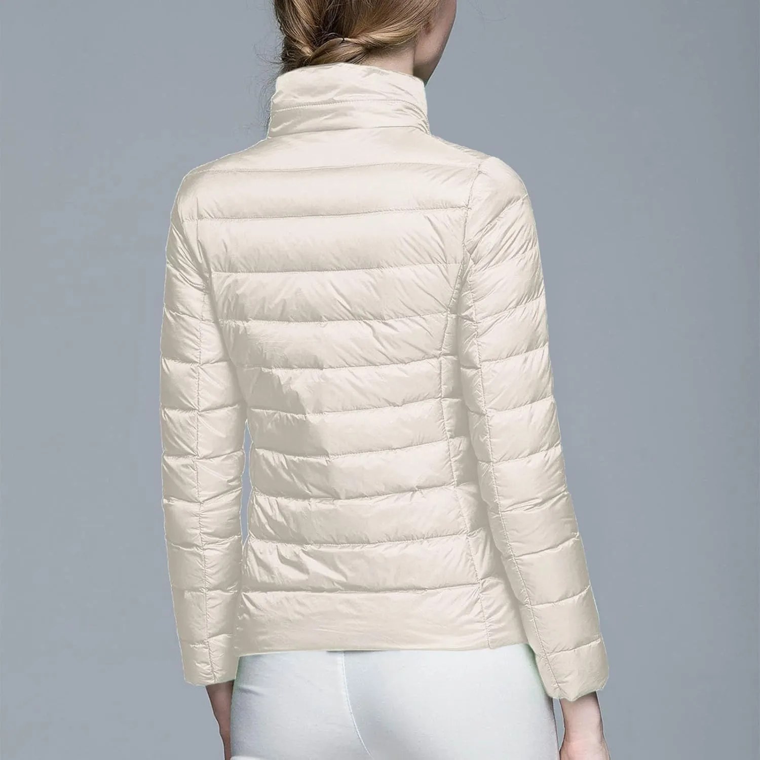 Packable Down Jacket Women Lightweight Full Zip Puffer Jackets Casual Warm Stand Collar Quilted Winter Coat with Hood