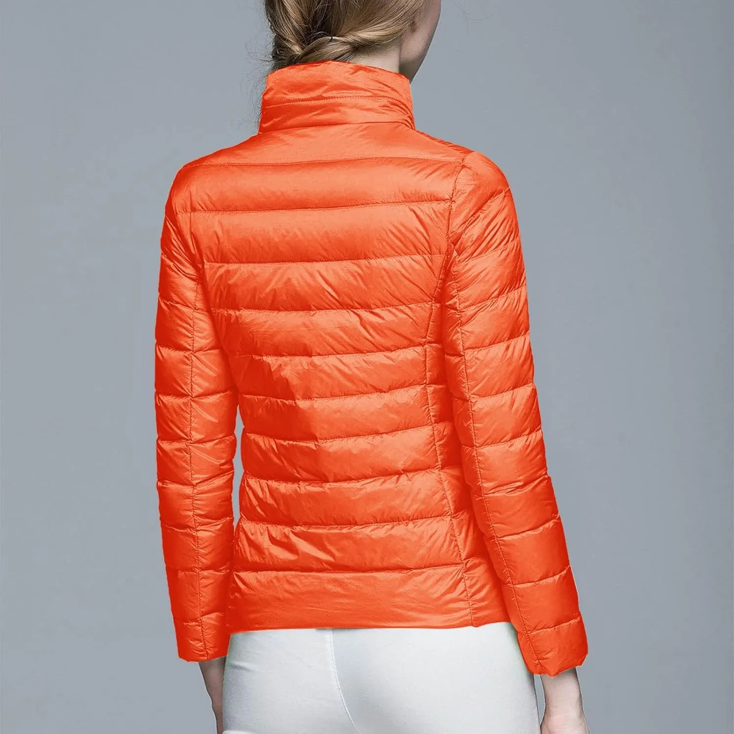 Packable Down Jacket Women Lightweight Full Zip Puffer Jackets Casual Warm Stand Collar Quilted Winter Coat with Hood