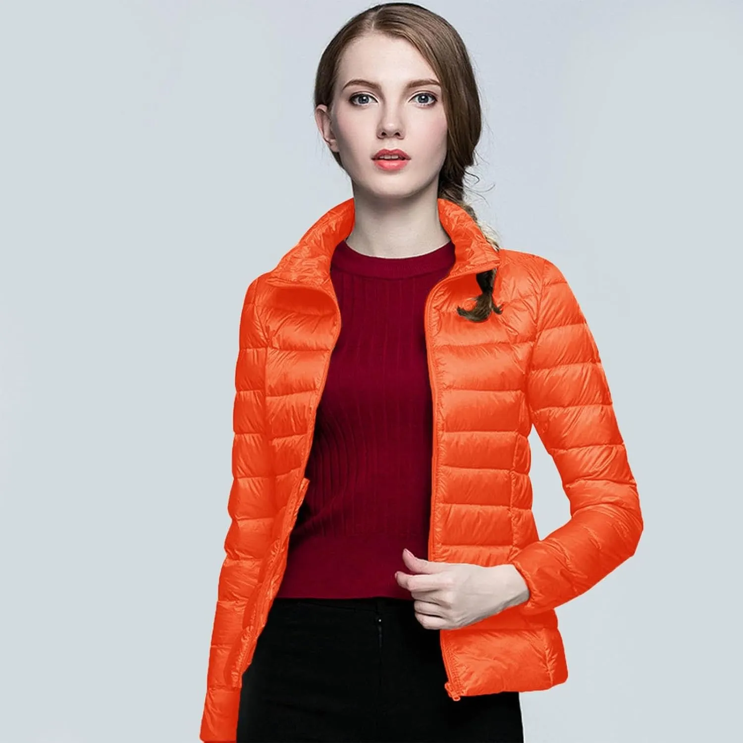 Packable Down Jacket Women Lightweight Full Zip Puffer Jackets Casual Warm Stand Collar Quilted Winter Coat with Hood
